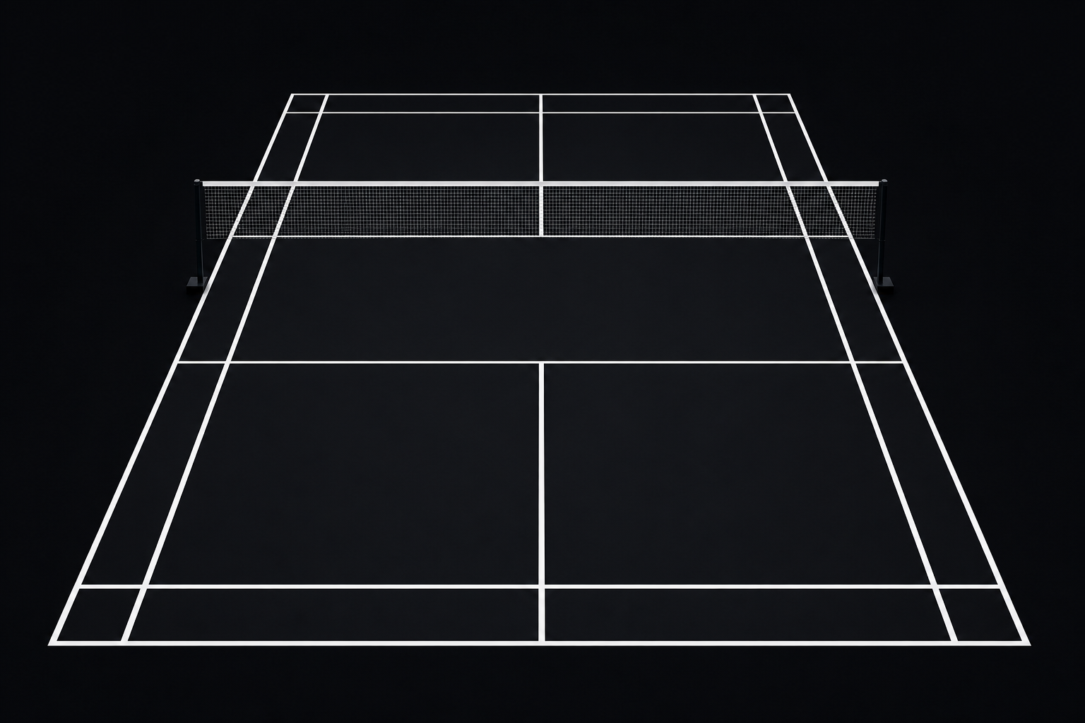 Black-and-white illustration of an empty badminton court.